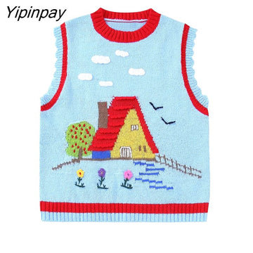 Yipinpay 2023 Women Embroidery Knitted Vest Sweater Spring Autumn Vintage O-neck Sleeveless Female Waistcoat Chic Tops